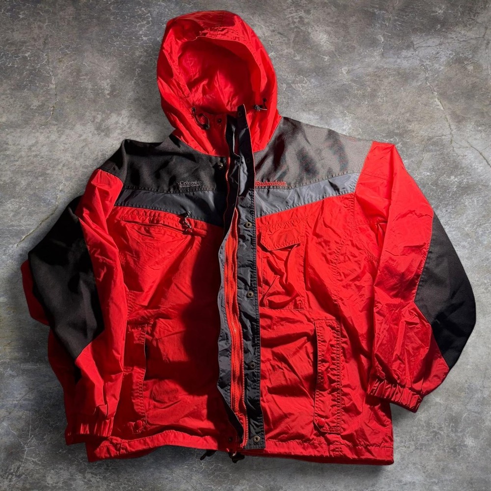 Columbia Budweiser Jacket Mens XL Red Black Hooded Windbreaker Hiking Outdoor